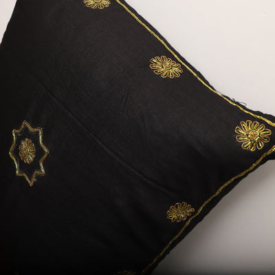 Black - Star Butas - Zardozi Hand Embroidered Raw Silk Cushion Cover (Set of 5)