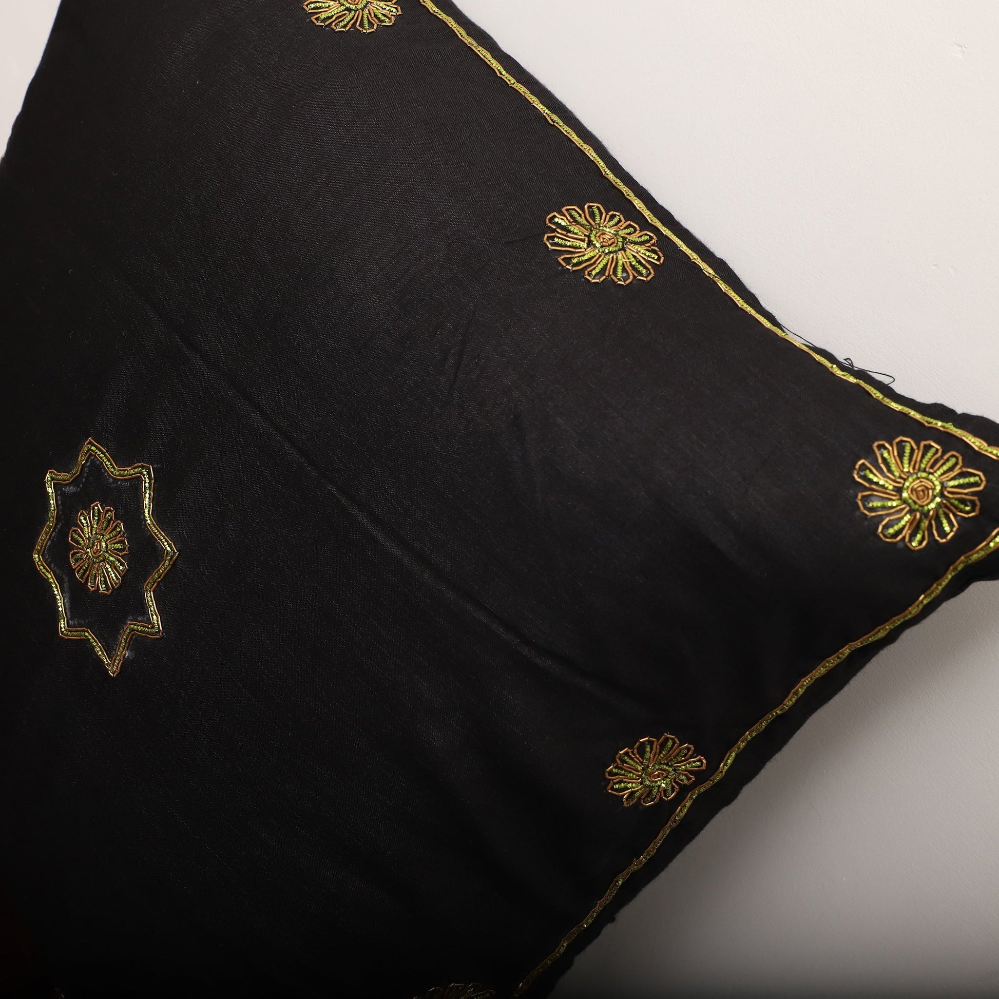 Black - Star Butas - Zardozi Hand Embroidered Raw Silk Cushion Cover (Set of 5)