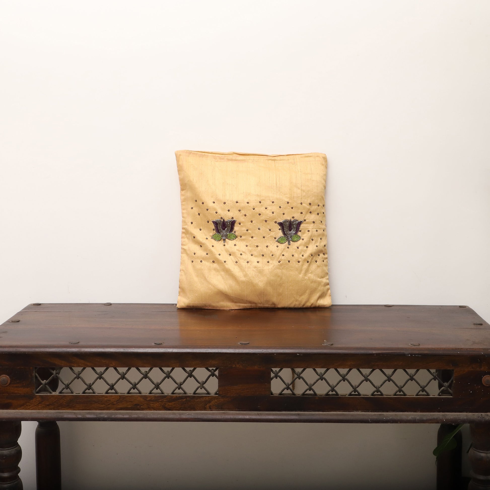 Beige - Lotus Buta - Sequin & Beadwork Raw Silk Cushion Cover (Set of 5)