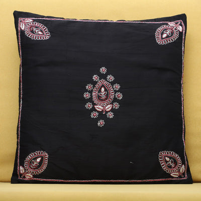 Black - Leaf Butas - Zardozi Hand Embroidered Raw Silk Cushion Cover