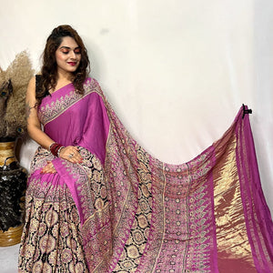 Fine Modal Silk Authetic Hand blocked Ajrakh Print Saree