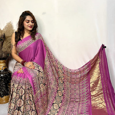 Fine Modal Silk Authetic Hand blocked Ajrakh Print Saree