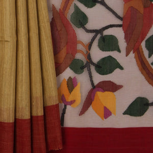 Sandal Handwoven Matka Silk Saree With Bird Motifs Jamdani Kora Pallu And Contrast Red Border