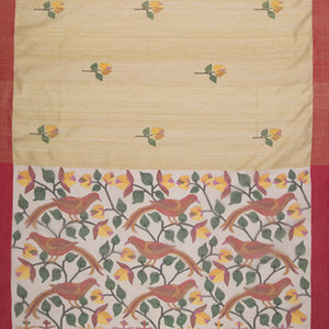 Sandal Handwoven Matka Silk Saree With Bird Motifs Jamdani Kora Pallu And Contrast Red Border