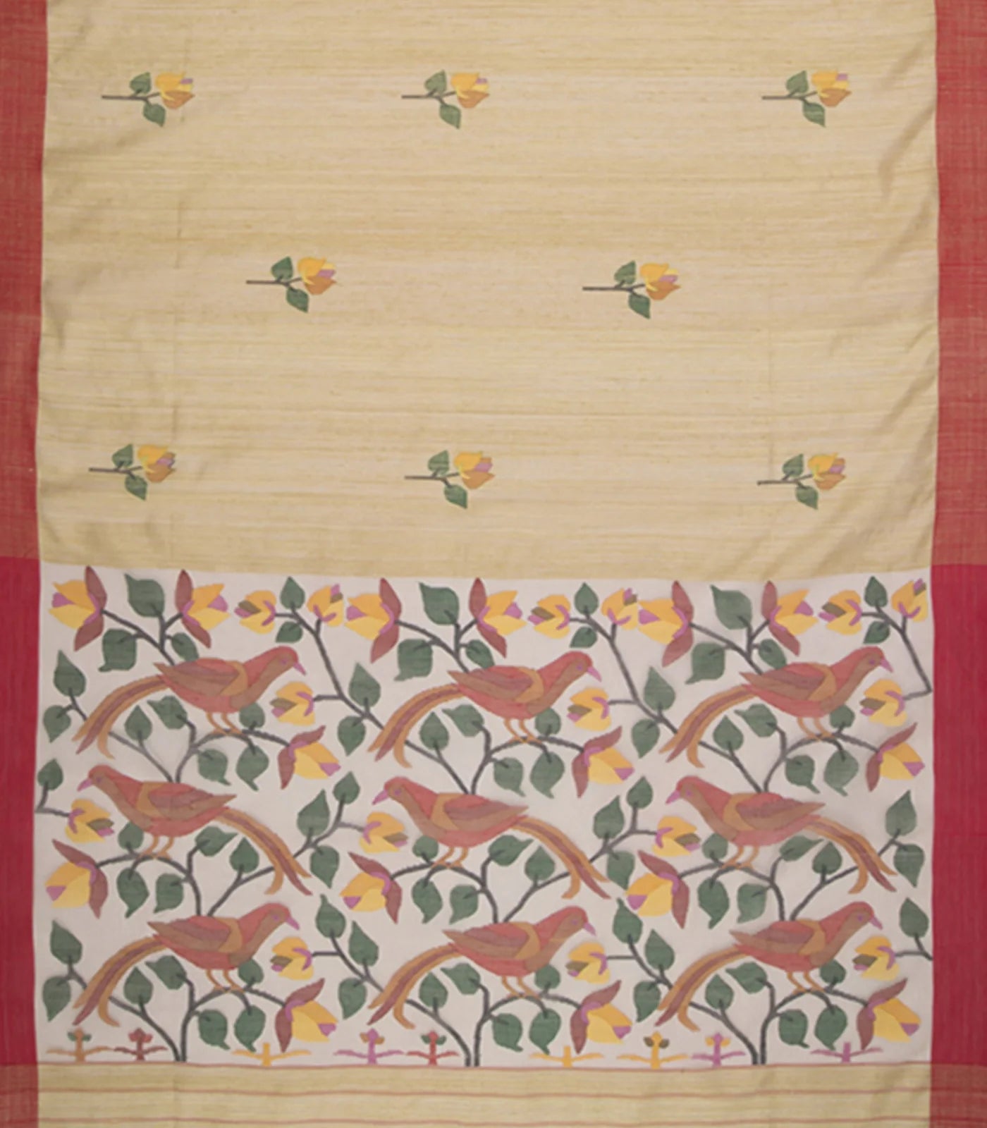 Sandal Handwoven Matka Silk Saree With Bird Motifs Jamdani Kora Pallu And Contrast Red Border