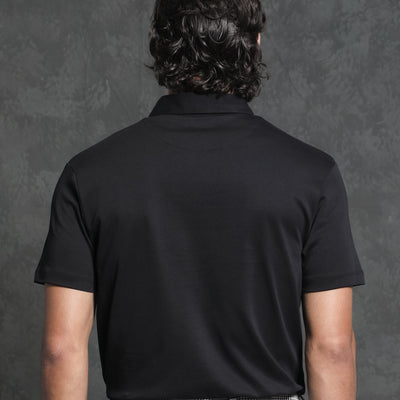 Rare Rabbit Men's Badger-1 Black Cotton Fabric Collared Neck Half Sleeves Solid Polo T-Shirt