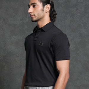 Rare Rabbit Men's Badger-1 Black Cotton Fabric Collared Neck Half Sleeves Solid Polo T-Shirt