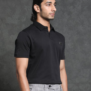 Rare Rabbit Men's Badger-1 Black Cotton Fabric Collared Neck Half Sleeves Solid Polo T-Shirt