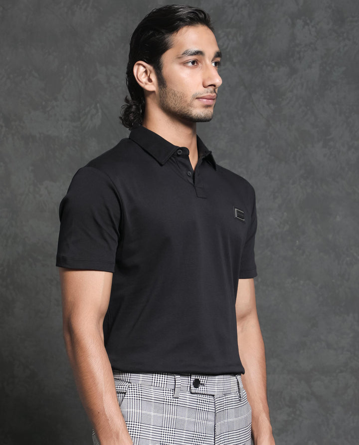 Rare Rabbit Men's Badger-1 Black Cotton Fabric Collared Neck Half Sleeves Solid Polo T-Shirt