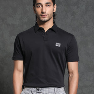 Rare Rabbit Men's Badger-1 Black Cotton Fabric Collared Neck Half Sleeves Solid Polo T-Shirt