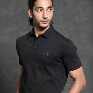 Rare Rabbit Men's Badger-1 Black Cotton Fabric Collared Neck Half Sleeves Solid Polo T-Shirt