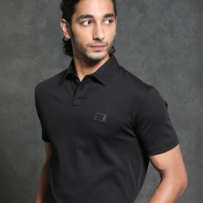Rare Rabbit Men's Badger-1 Black Cotton Fabric Collared Neck Half Sleeves Solid Polo T-Shirt