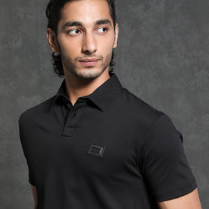 Rare Rabbit Men's Badger-1 Black Cotton Fabric Collared Neck Half Sleeves Solid Polo T-Shirt