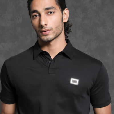 Rare Rabbit Men's Badger-1 Black Cotton Fabric Collared Neck Half Sleeves Solid Polo T-Shirt