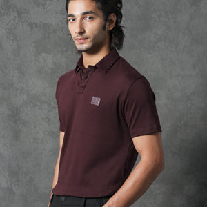 Rare Rabbit Men's Badger-1 Maroon Cotton Fabric Collared Neck Half Sleeves Solid Polo T-Shirt