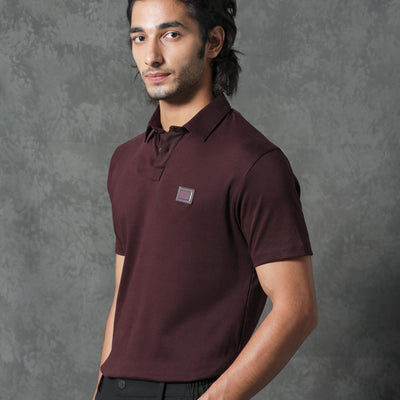 Rare Rabbit Men's Badger-1 Maroon Cotton Fabric Collared Neck Half Sleeves Solid Polo T-Shirt