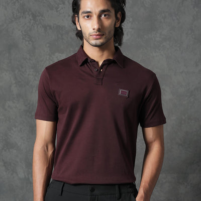 Rare Rabbit Men's Badger-1 Maroon Cotton Fabric Collared Neck Half Sleeves Solid Polo T-Shirt