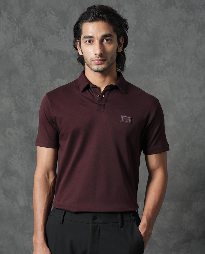 Rare Rabbit Men's Badger-1 Maroon Cotton Fabric Collared Neck Half Sleeves Solid Polo T-Shirt