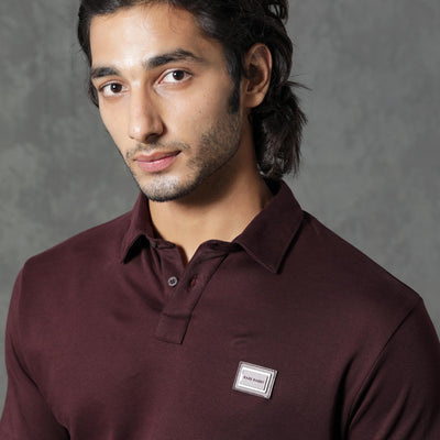Rare Rabbit Men's Badger-1 Maroon Cotton Fabric Collared Neck Half Sleeves Solid Polo T-Shirt