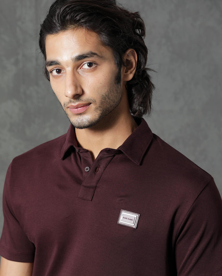 Rare Rabbit Men's Badger-1 Maroon Cotton Fabric Collared Neck Half Sleeves Solid Polo T-Shirt