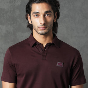 Rare Rabbit Men's Badger-1 Maroon Cotton Fabric Collared Neck Half Sleeves Solid Polo T-Shirt