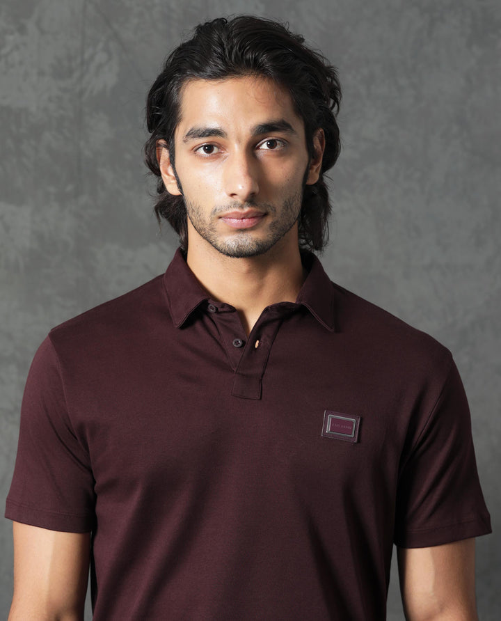 Rare Rabbit Men's Badger-1 Maroon Cotton Fabric Collared Neck Half Sleeves Solid Polo T-Shirt