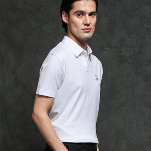 Rare Rabbit Men's Badger-1 White Cotton Fabric Collared Neck Half Sleeves Solid Polo T-Shirt