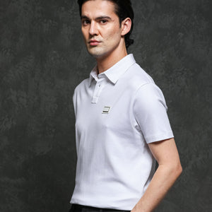 Rare Rabbit Men's Badger-1 White Cotton Fabric Collared Neck Half Sleeves Solid Polo T-Shirt