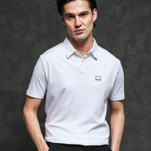 Rare Rabbit Men's Badger-1 White Cotton Fabric Collared Neck Half Sleeves Solid Polo T-Shirt