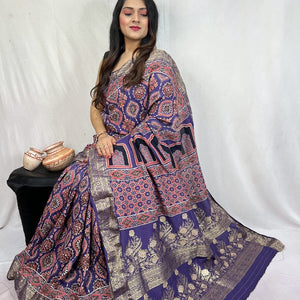 Dola Silk Original Handblocked  Ajrakh work Saree