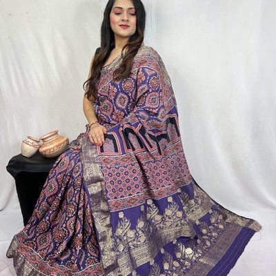 Dola Silk Original Handblocked  Ajrakh work Saree
