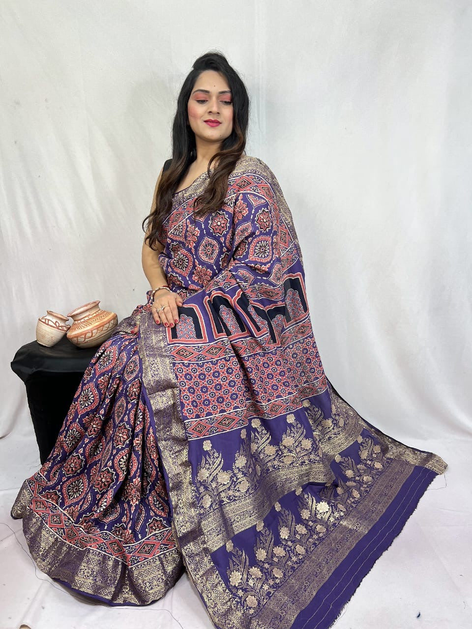 Dola Silk Original Handblocked  Ajrakh work Saree