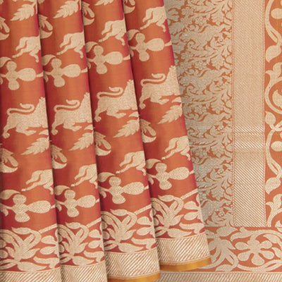Rust Handwoven Benares Silk Saree With Vanasingaram Motifs