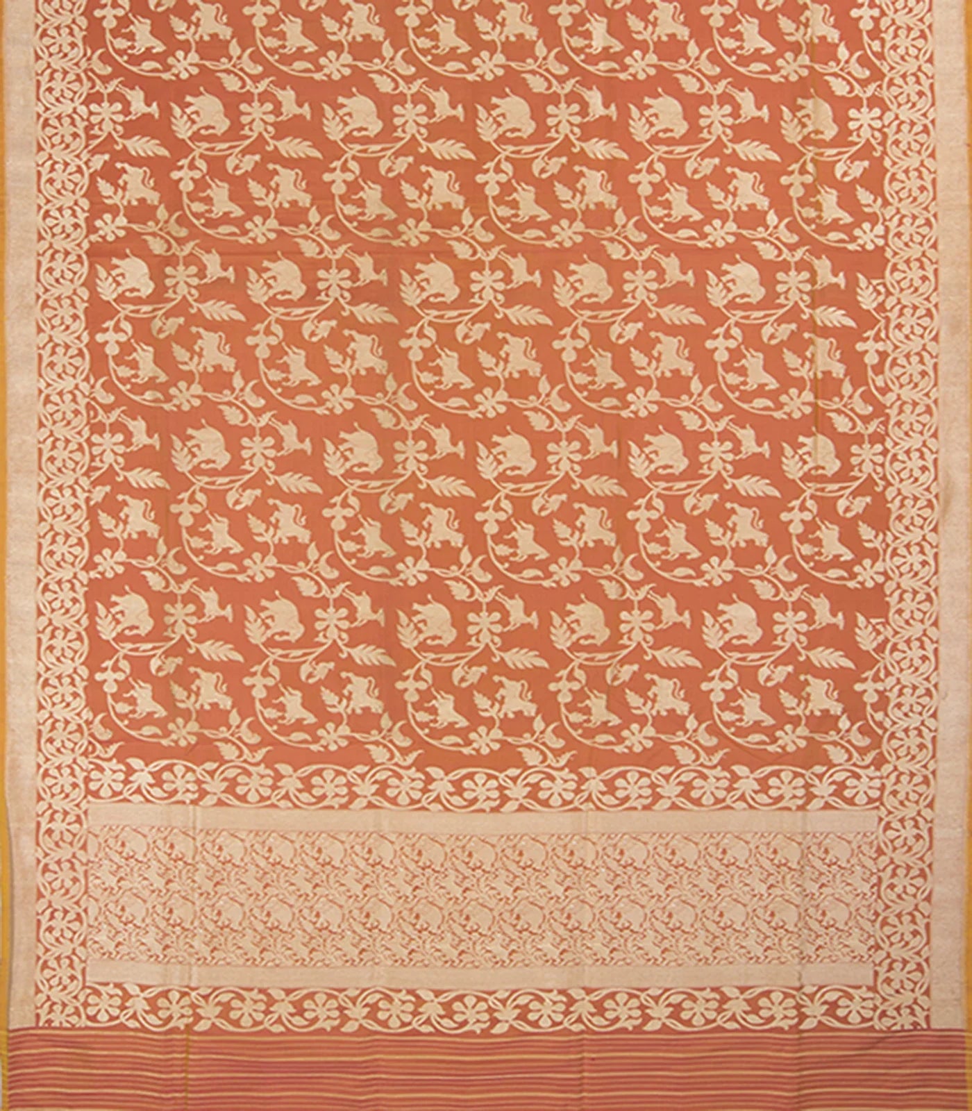 Rust Handwoven Benares Silk Saree With Vanasingaram Motifs