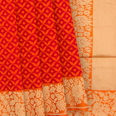 Orange Handwoven Benares Silk Saree With Floral Motifs On Border And Pallu