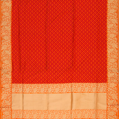 Orange Handwoven Benares Silk Saree With Floral Motifs On Border And Pallu