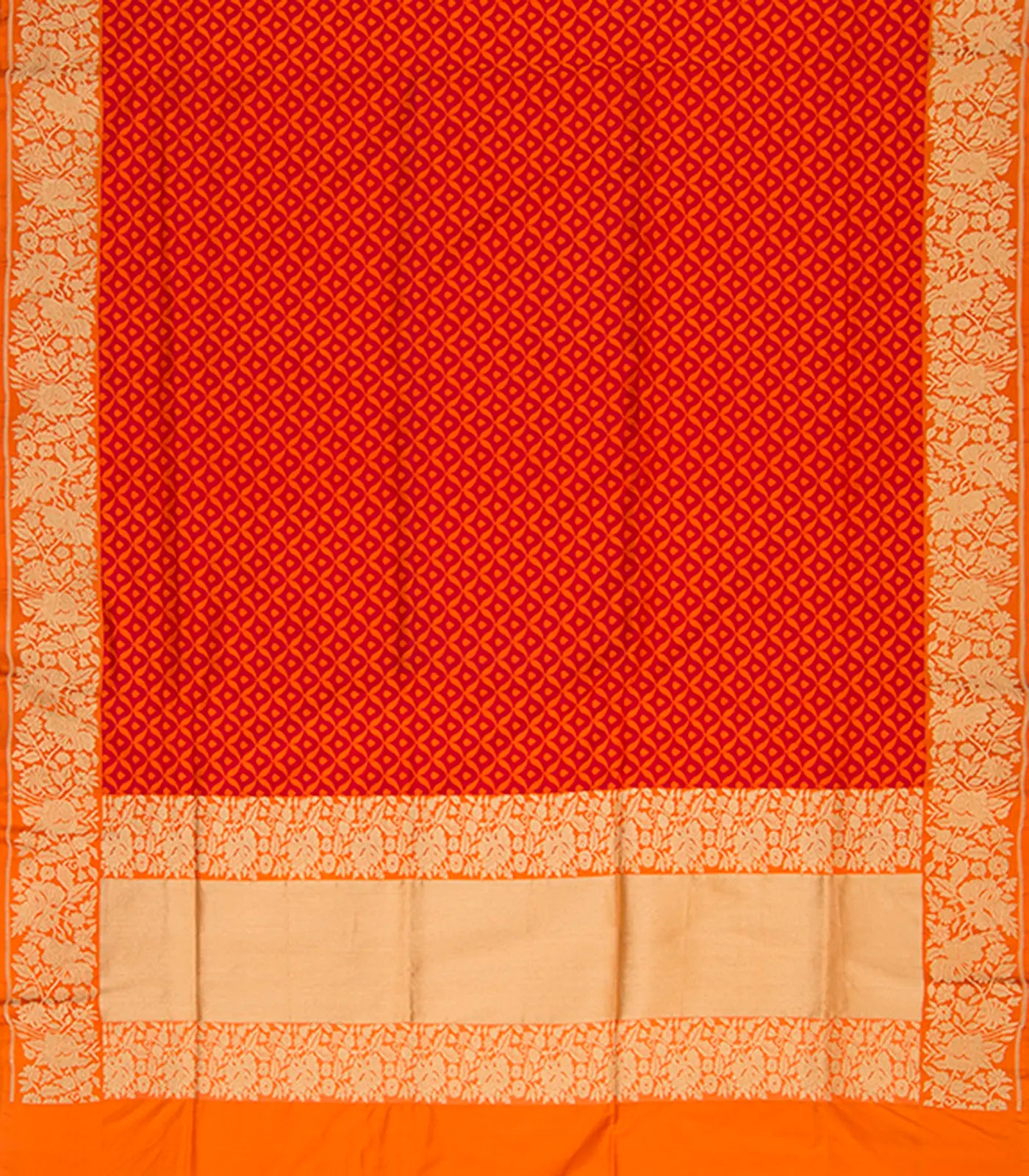 Orange Handwoven Benares Silk Saree With Floral Motifs On Border And Pallu