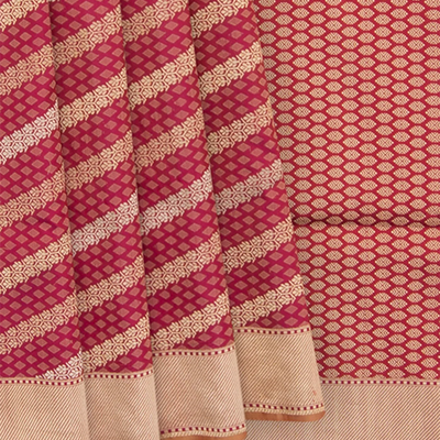 Red Handwoven Benares Silk Saree With Floral Motifs In Diagonal Stripes in Gold And Silver Zari