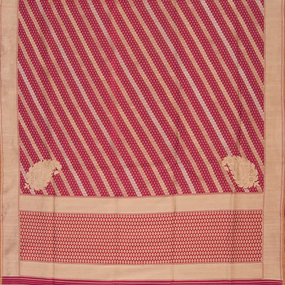 Red Handwoven Benares Silk Saree With Floral Motifs In Diagonal Stripes in Gold And Silver Zari