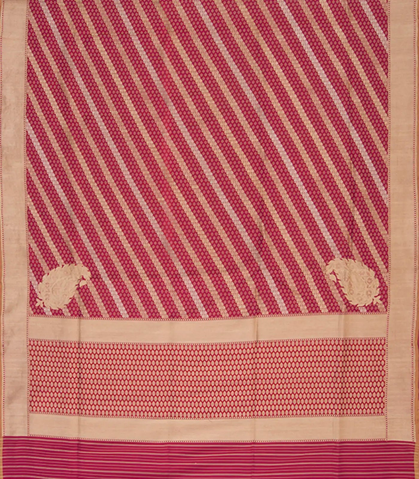 Red Handwoven Benares Silk Saree With Floral Motifs In Diagonal Stripes in Gold And Silver Zari