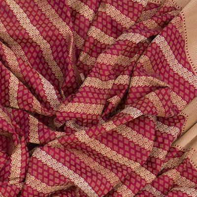 Red Handwoven Benares Silk Saree With Floral Motifs In Diagonal Stripes in Gold And Silver Zari