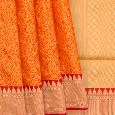 Orange Handwoven Benares Silk Saree With Floral Motifs