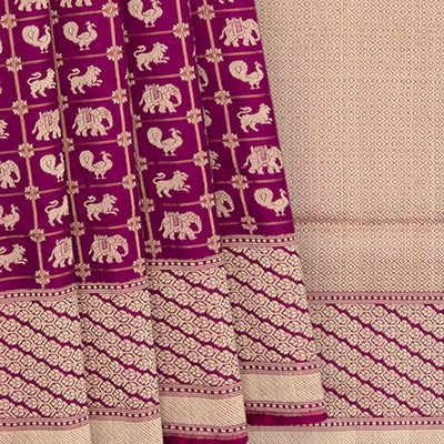 Purple Handwoven Benares Silk Saree With Zari checks and Peacock, Yazhi Elephant Motifs