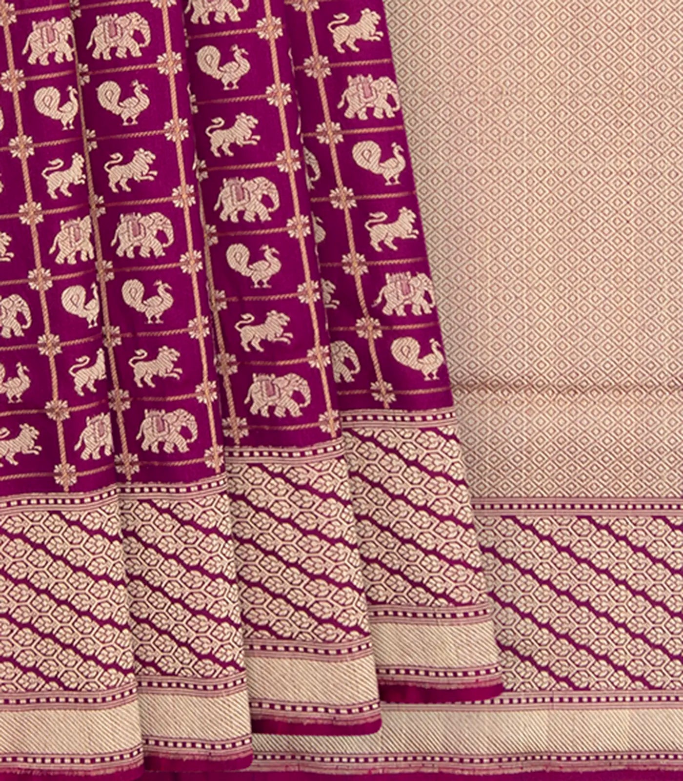 Purple Handwoven Benares Silk Saree With Zari checks and Peacock, Yazhi Elephant Motifs