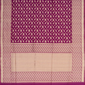 Purple Handwoven Benares Silk Saree With Zari checks and Peacock, Yazhi Elephant Motifs
