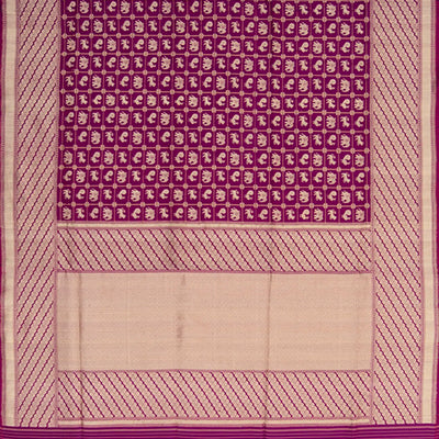 Purple Handwoven Benares Silk Saree With Zari checks and Peacock, Yazhi Elephant Motifs