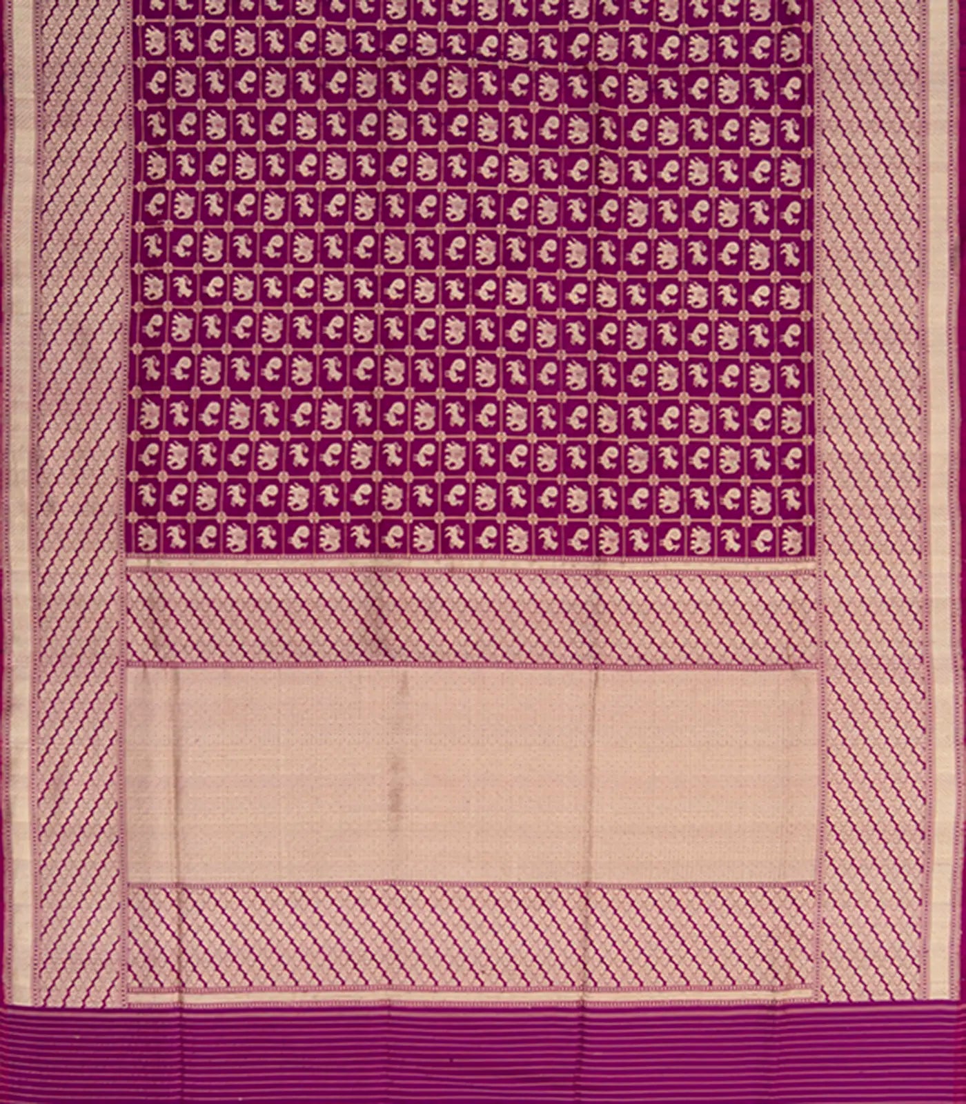 Purple Handwoven Benares Silk Saree With Zari checks and Peacock, Yazhi Elephant Motifs