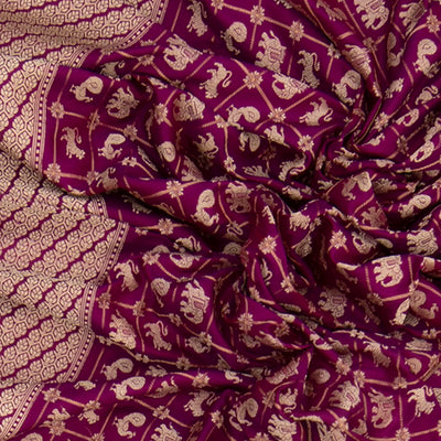 Purple Handwoven Benares Silk Saree With Zari checks and Peacock, Yazhi Elephant Motifs
