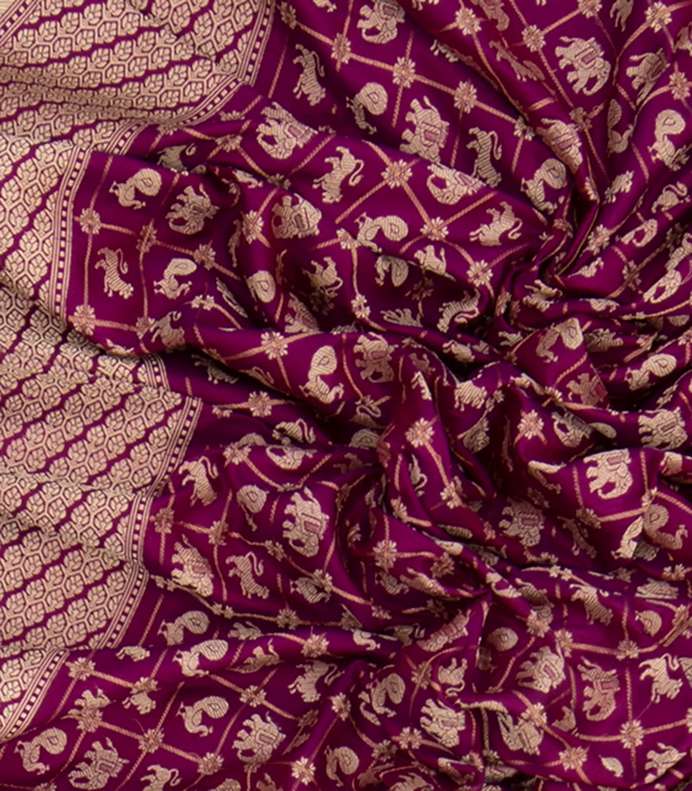 Purple Handwoven Benares Silk Saree With Zari checks and Peacock, Yazhi Elephant Motifs