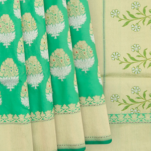 Green Handwoven Benares Silk Saree With Floral Motifs In Gold & Silver Zari